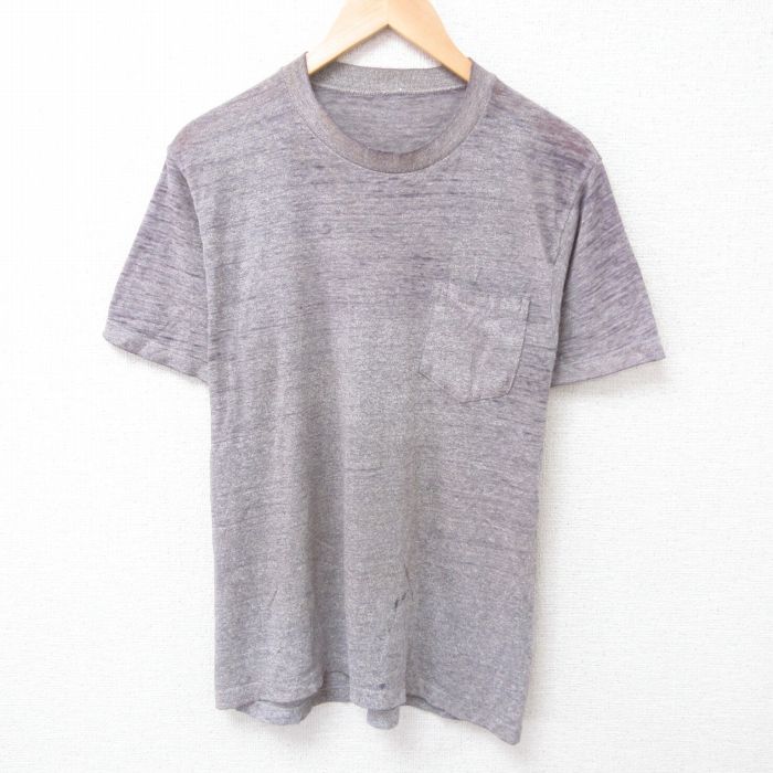 M★古着 半袖 ビンテージ Tシャツ メンズ 80年代 80s 無地 胸ポケット付き ボロ クルーネック グレー 霜降り 25jun24 中古