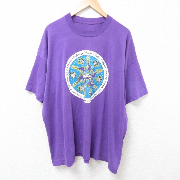 XL★古着 半袖 ビンテージ Tシャツ メンズ 90年代 90s 羽根 大きいサイズ クルーネック 紫 パープル 25jun24 中古