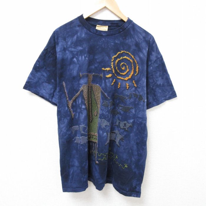 XL★古着 半袖 ビンテージ Tシャツ メンズ 00年代 00s 民族 大きいサイズ コットン クルーネック 紺他 ネイビー タイダイ 25jun24 中古