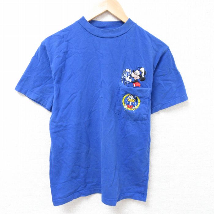 M★古着 半袖 ビンテージ Tシャツ メンズ 00年代 00s ディズニー DISNEY ミッキー MICKEY MOUSE 胸ポケット付き コットン クルーネック 青 ブルー 25jun24 中古