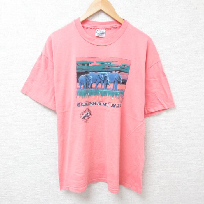 XL★古着 エインズ 半袖 ビンテージ Tシャツ メンズ 90年代 90s ゾウ コットン クルーネック USA製 濃ピンク 25jun24 中古