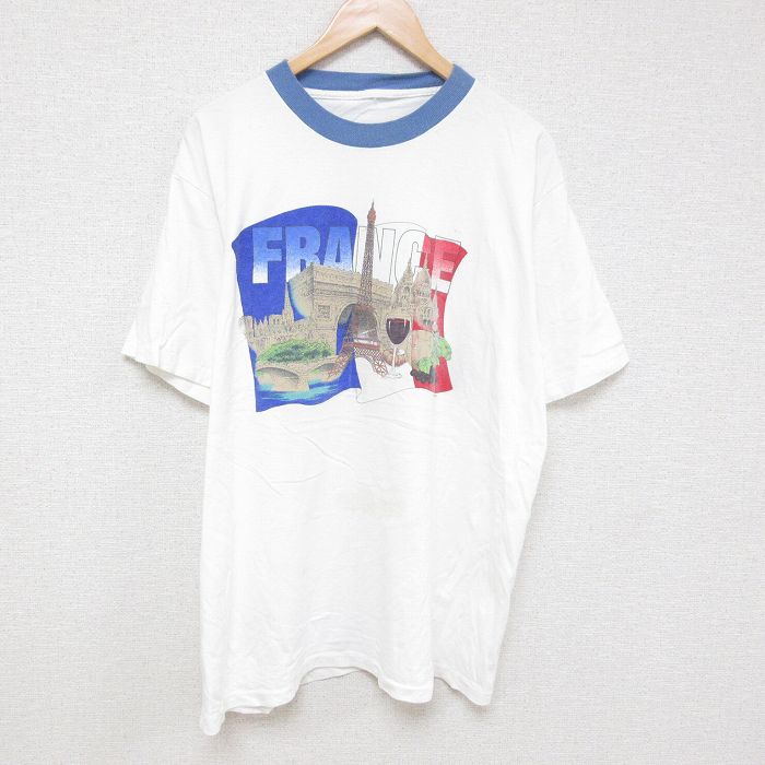 XL★古着 半袖 ビンテージ Tシャツ メンズ 90年代 90s エッフェル塔 大きいサイズ クルーネック 白 ホワイト 25jun23 中古