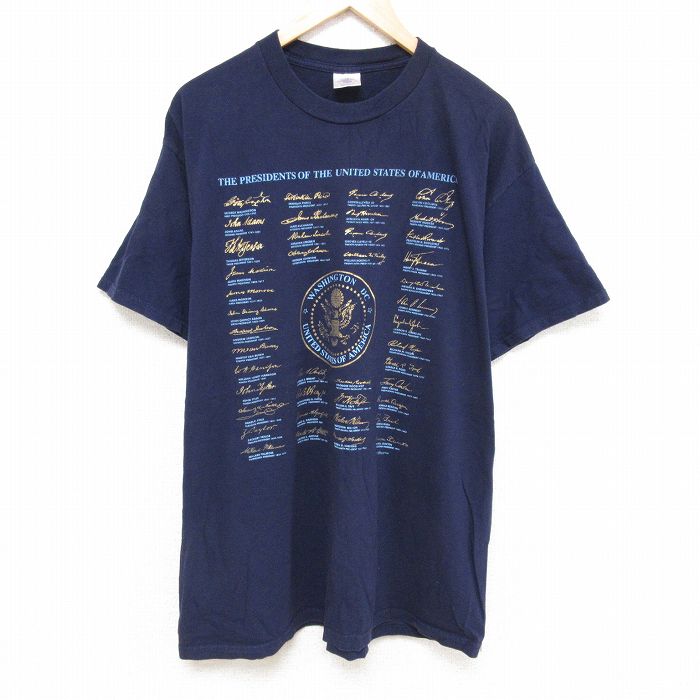 【50%OFF】XL★古着 半袖 ビンテージ Tシャツ メンズ 90年代 90s アメリカ歴代大統領 大きいサイズ ロング丈 コットン クルーネック USA製 紺 ネイビー 25jun23 中古