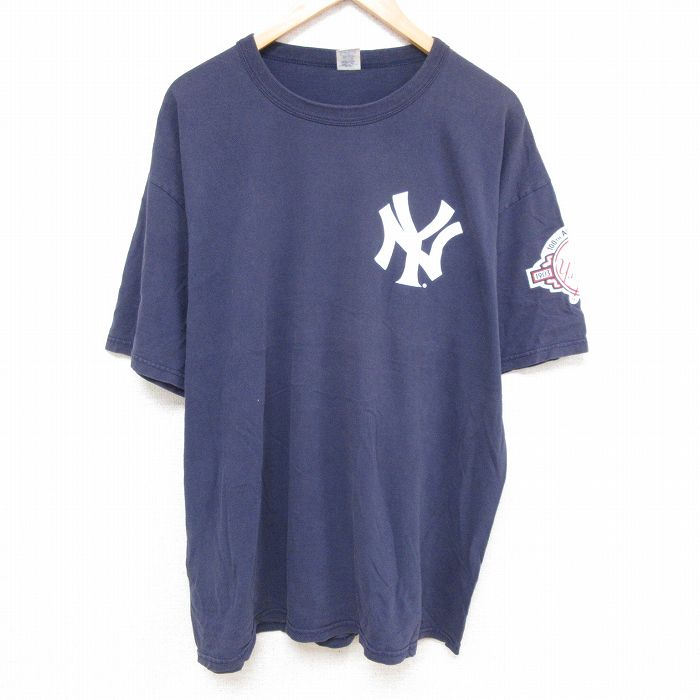 XL★古着 ラッセル 半袖 ビンテージ Tシャツ メンズ 00年代 00s MLB ニューヨークヤンキース ジェイソンジアンビ 25 大きいサイズ コットン クルーネック 紺 ネイビー 25jun23 中古