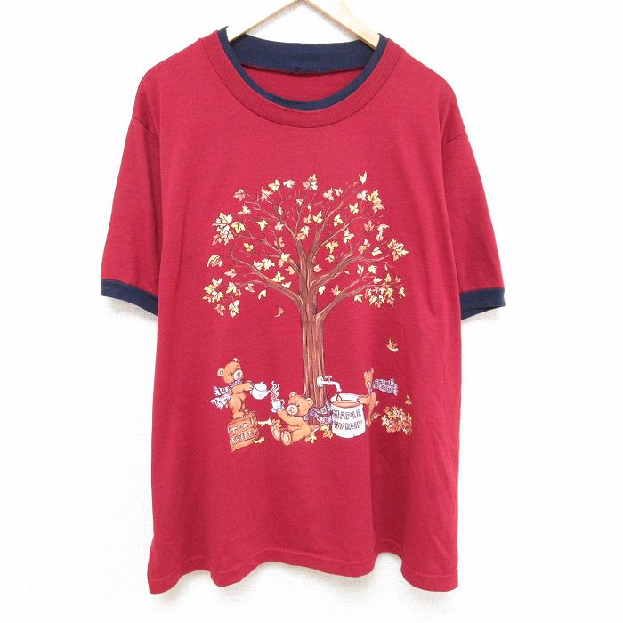 XL★古着 半袖 ビンテージ Tシャツ メンズ 90年代 90s クマ 大きいサイズ クルーネック エンジ 25jun23 中古