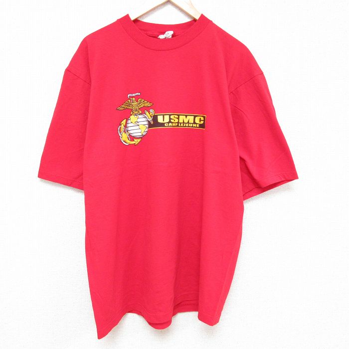 【50%OFF】XL★古着 半袖 ビンテージ Tシャツ メンズ 90年代 90s ミリタリー USMC 大きいサイズ ロング丈 コットン クルーネック USA製 赤 レッド 25jun23 中古