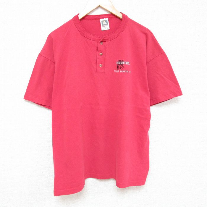 【50%OFF】XL★古着 半袖 ビンテージ Tシャツ メンズ 90年代 90s フーターズ 大きいサイズ コットン ヘンリーネック USA製 赤 レッド 25jun23 中古