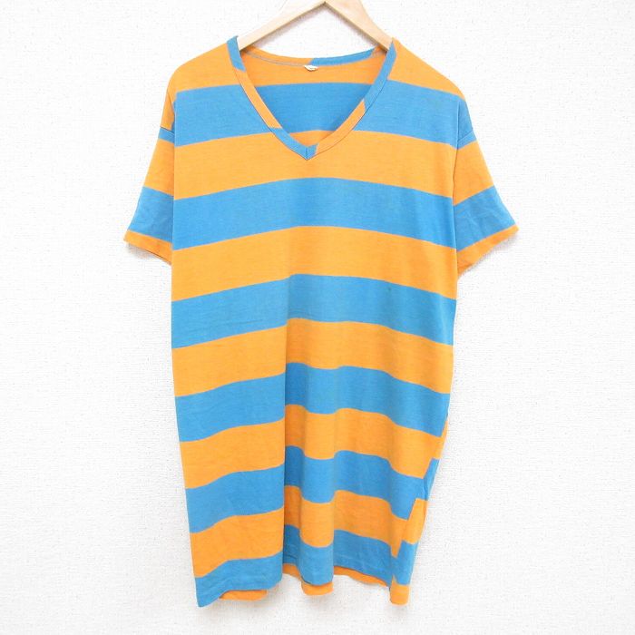 80s 半袖Tシャツ Vネック イエローボーダー XL | 古着