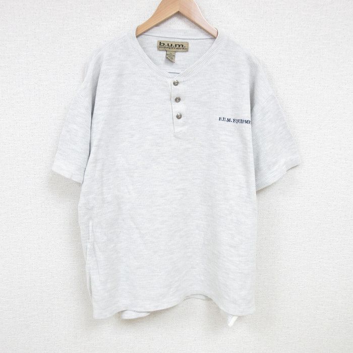 XL★古着 b.u.m.equipment 半袖 ビンテージ Tシャツ 00年代 00s ワンポイントロゴ 大きいサイズ コットン ヘンリーネック 薄グレー 霜降り 25jun23 中古 メンズ