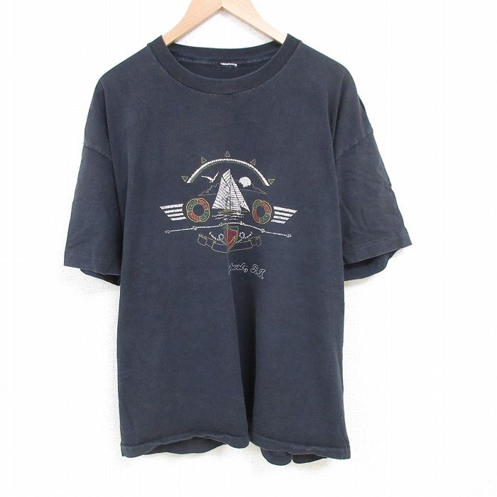 XL★古着 半袖 ビンテージ Tシャツ 90年代 90s ヨット 大きいサイズ クルーネック 黒 ブラック 25jun23 中古 メンズ