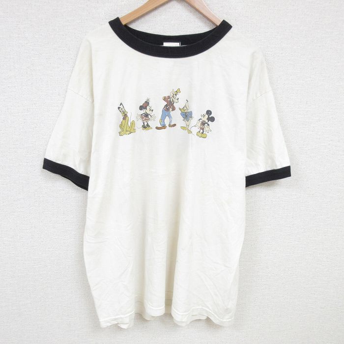 XL★古着 半袖 ビンテージ Tシャツ 00年代 00s ディズニー DISNEY ミッキー MICKEY MOUSE グーフィー リンガー 大きいサイズ コットン クルーネック 白 ホワイト 25jun23 中古 メンズ
