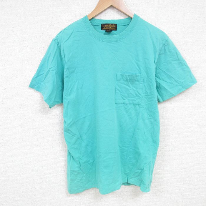 L★古着 エディーバウアー 半袖 ビンテージ Tシャツ メンズ 90年代 90s 無地 胸ポケット付き コットン クルーネック 青緑 【spe】 25jun25 中古