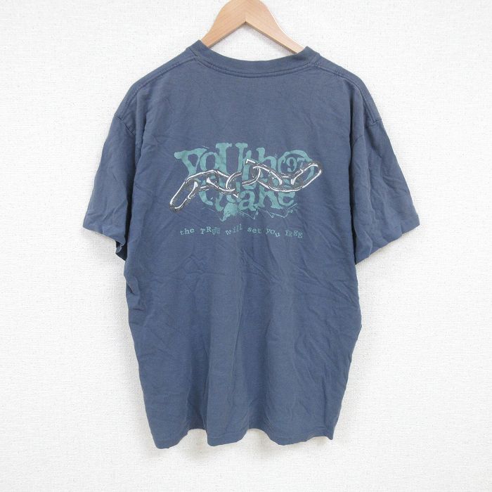 XL★古着 半袖 ビンテージ Tシャツ メンズ 90年代 90s 鎖 大きいサイズ コットン クルーネック USA製 薄紺 ネイビー 25jun25 中古