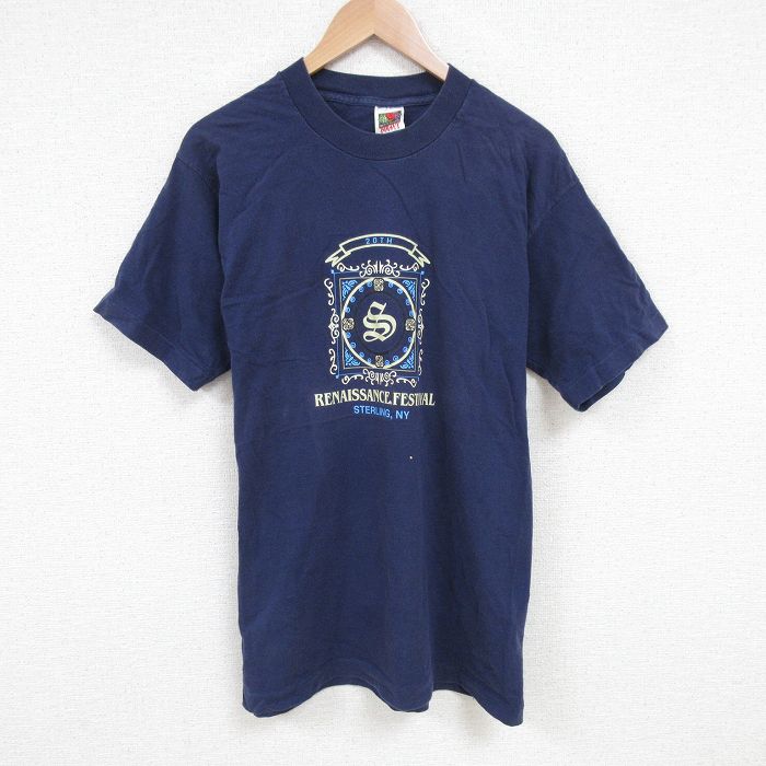 【20%OFF】L★古着 フルーツオブザルーム 半袖 ビンテージ Tシャツ メンズ 90年代 90s ルネッサンス コットン クルーネック 紺 ネイビー 25jun25 中古