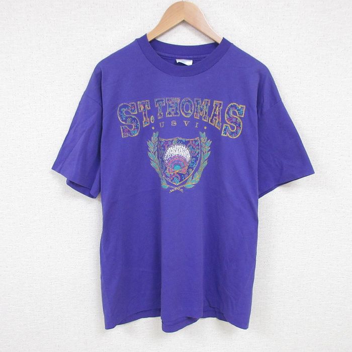 XL★古着 ヘインズ Hanes 半袖 ビンテージ Tシャツ メンズ 90年代 90s セントトーマス クルーネック USA製 紫 パープル 25jun25 中古