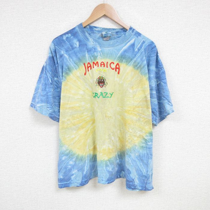 【50%OFF】XL★古着 半袖 ビンテージ Tシャツ メンズ 00年代 00sジャマイカ 刺繍 大きいサイズ コットン クルーネック 青 ブルー タイダイ 25jun25 中古