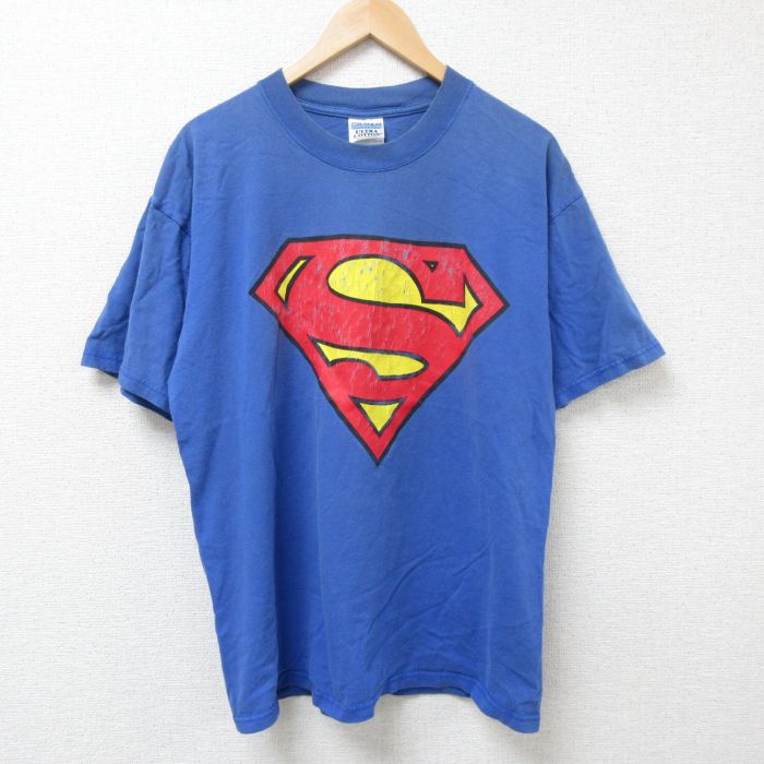 【20%OFF】XL★古着 半袖 ビンテージ Tシャツ メンズ 00年代 00s スーパーマン コットン クルーネック 青 ブルー 25jun25 中古