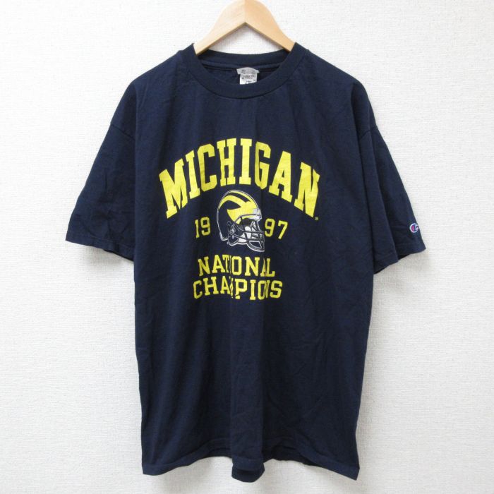 XL★古着 チャンピオン champion 半袖 ビンテージ Tシャツ メンズ 90年代 90s ミシガン 大きいサイズ コットン クルーネック 紺 ネイビー 25jun25 中古