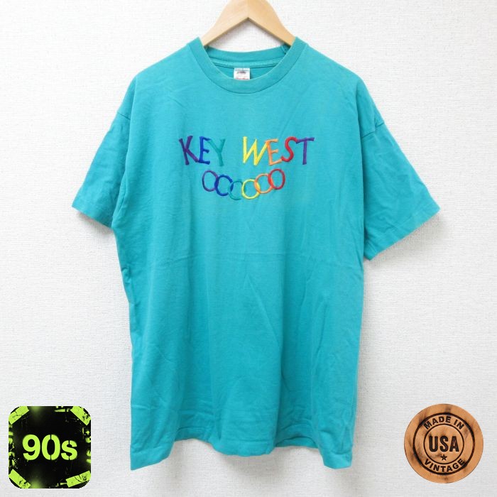 【50%OFF】フルーツオブザルーム 90s 半袖Tシャツ キーウエスト刺繍 ライトブルー XL | 古着