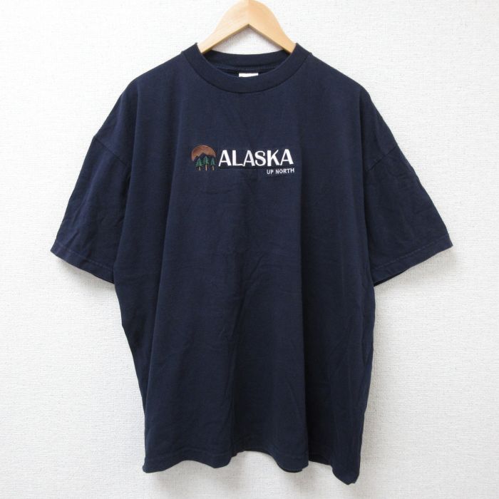 XL★古着 半袖 ビンテージ Tシャツ メンズ 00年代 00s アラスカ 刺繍 大きいサイズ コットン クルーネック 濃紺 ネイビー 25jun25 中古