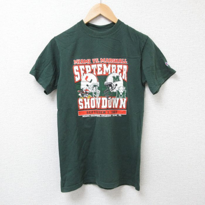 【20%OFF】S★古着 チャンピオン champion 半袖 ビンテージ Tシャツ メンズ 00年代 00s アメフト コットン クルーネック 濃緑 グリーン 25jun25 中古