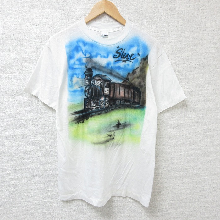M★古着 半袖 ビンテージ Tシャツ メンズ80年代 80s 汽車 エアブラシ クルーネック USA製 白 ホワイト 【spe】 25jul05 中古 メンズ