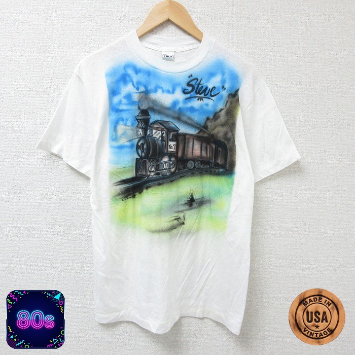 【50%OFF】80s 半袖Tシャツ 汽車エアブラシ ホワイト M | 古着