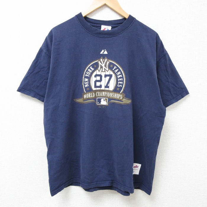 XL★古着 マジェスティック 半袖 ビンテージ Tシャツ メンズ 00年代 00s MLB ニューヨークヤンキース クルーネック 紺 ネイビー メジャーリーグ ベースボール 野球 25jul05 中古