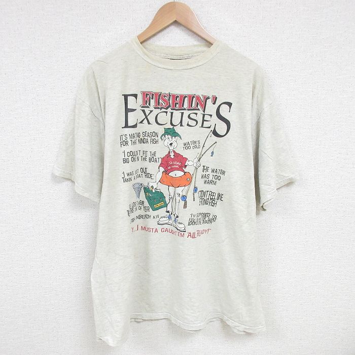XL★古着 半袖 ビンテージ Tシャツ メンズ 90年代 90s 釣り 大きいサイズ コットン クルーネック 薄グレー 霜降り 25jun30 中古