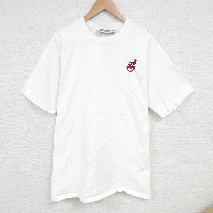 L★古着 半袖 ビンテージ Tシャツ メンズ 90年代 90s MLB クリーブランドインディアンス コットン クルーネック カナダ製 白 ホワイト メジャーリーグ ベースボール 野球 25jun30 中古