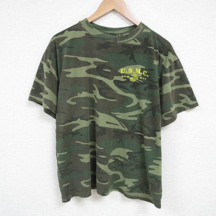 XL★古着 半袖 ビンテージ Tシャツ メンズ 90年代 90s ミリタリー USMC ウッドランドカモ コットン クルーネック USA製 緑他 グリーン 迷彩 25jun30 中古