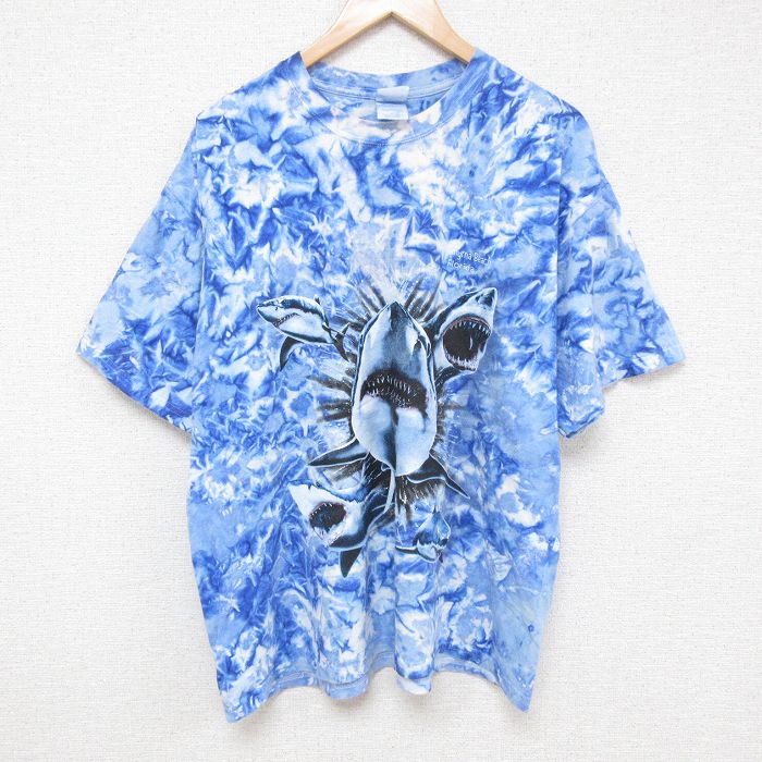 【50%OFF】XL★古着 半袖 ビンテージ Tシャツ メンズ 00年代 00s サメ 大きいサイズ コットン クルーネック 青 ブルー タイダイ 25jun30 中古