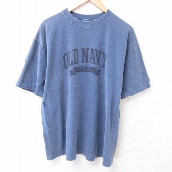 XL★古着 オールドネイビー 半袖 ビンテージ Tシャツ メンズ 90年代 90s ビッグロゴ コットン クルーネック USA製 薄紺 ネイビー 霜降り 25jun30 中古