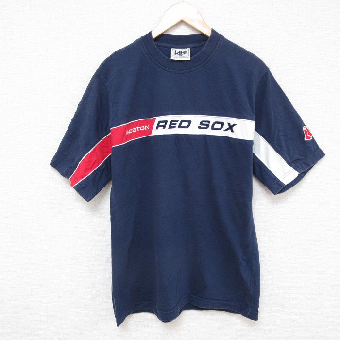 L★古着 リー Lee 半袖 ビンテージ Tシャツ メンズ 00年代 00s MLB ボストンレッドソックス 刺繍 コットン クルーネック 紺 ネイビー メジャーリーグ ベースボール 野球 25jul01 中古
