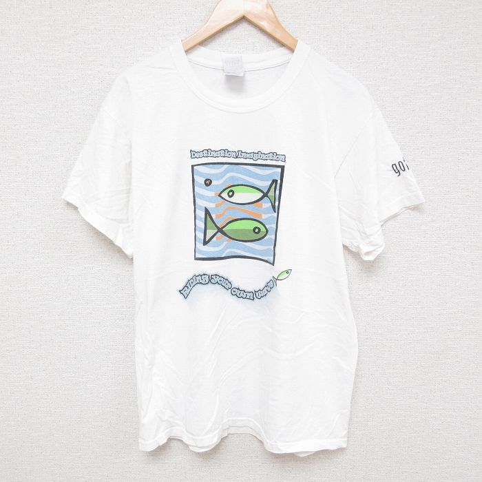 L★古着 半袖 ビンテージ Tシャツ メンズ 00年代 00s 魚 コットン クルーネック 白 ホワイト 25jul01 中古