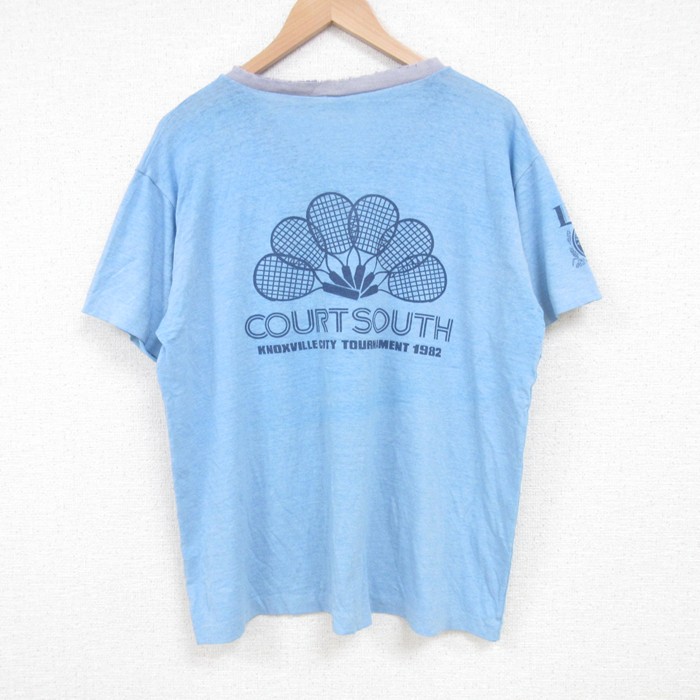 【50%OFF】XL★古着 半袖 ビンテージ Tシャツ メンズ 80年代 80s ラケット Vネック USA製 薄紺 ネイビー 霜降り 25jul01 中古