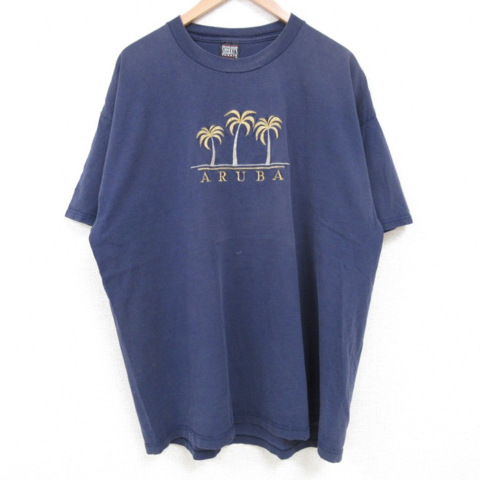 XL★古着 半袖 ビンテージ Tシャツ メンズ 90年代 90s ARUBA 刺繍 大きいサイズ コットン クルーネック USA製 紺 ネイビー 25jul01 中古