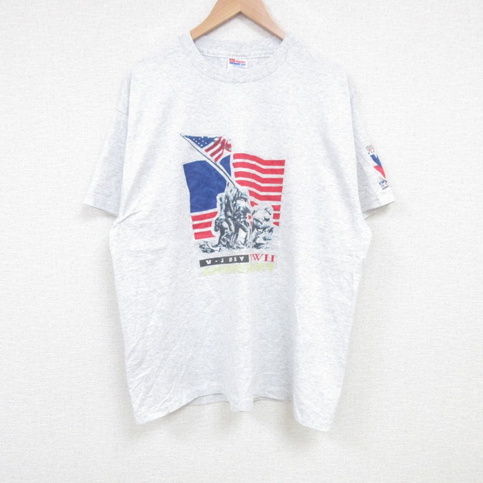 XL★古着 ヘインズ Hanes 半袖 ビンテージ Tシャツ メンズ 90年代 90s 兵士 大きいサイズ クルーネック USA製 薄グレー 霜降り 25jul01 中古