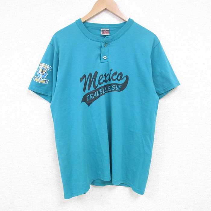 L★古着 半袖 ビンテージ Tシャツ メンズ 00年代 00s メキシコ ヘンリーネック 青緑 25jul01 中古