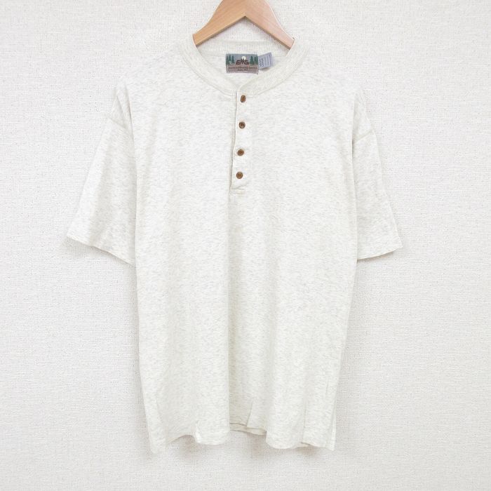 XL★古着 EMS 半袖 ビンテージ Tシャツ メンズ 90年代 90s 無地 大きいサイズ コットン ヘンリーネック USA製 薄グレー 霜降り 【spe】 25jul02 中古