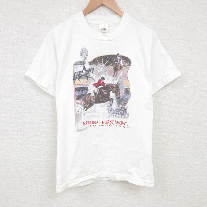L★古着 フルーツオブザルーム 半袖 ビンテージ Tシャツ メンズ 90年代 90s 馬術 コットン クルーネック USA製 白 ホワイト 25jul02 中古