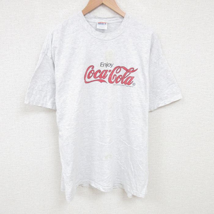 XL★古着 ヘインズ半袖 ビンテージ Tシャツ メンズ 90年代 90s コカコーラ 大きいサイズ コットン クルーネック 薄グレー 霜降り 25jul02 中古 半袖
