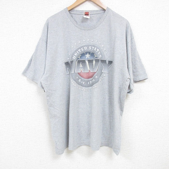 XL★古着 半袖 ビンテージ Tシャツ メンズ 00年代 00s ミリタリー ネイビー NAVY 大きいサイズ クルーネック USA製 グレー 霜降り 25jul04 中古
