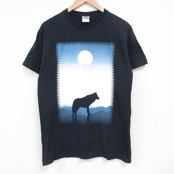 M★古着 フルーツオブザルーム 半袖 ビンテージ Tシャツ メンズ 90年代 90s オオカミ コットン クルーネック USA製 黒 ブラック 25jul03 中古