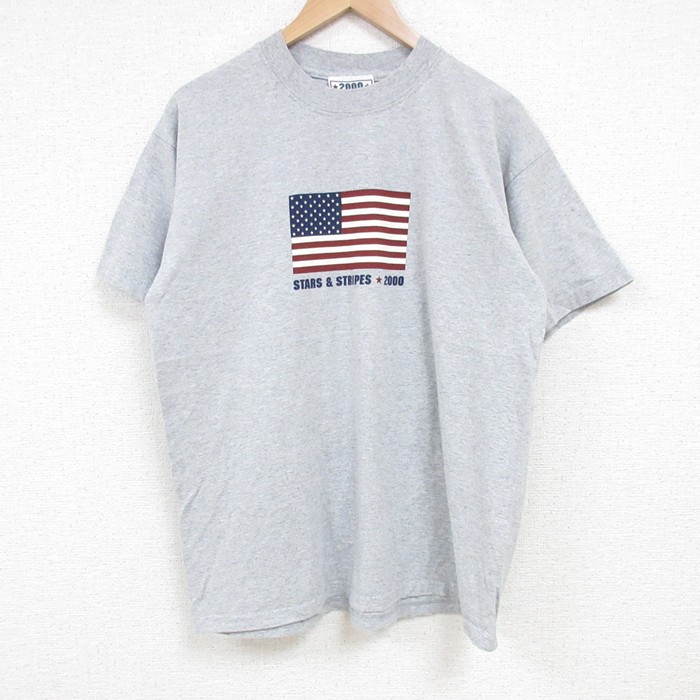 L★古着 半袖 ビンテージ Tシャツ メンズ 00年代 00s 星条旗 クルーネック グレー 霜降り 25jul03 中古