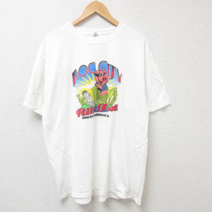 【50%OFF】XL★古着 半袖 ビンテージ Tシャツ メンズ 00年代 00s ブタ 企業広告 コットン クルーネック 白 ホワイト 25jul07 中古