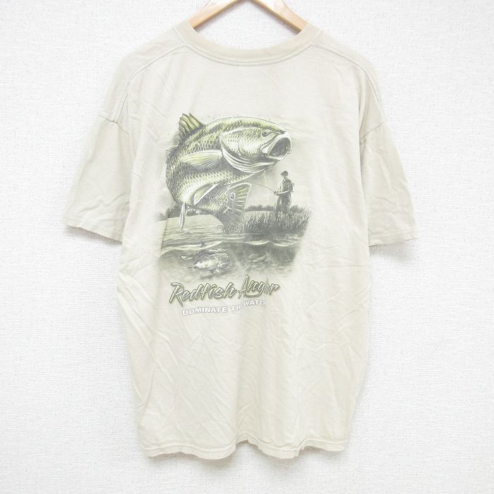 XL★古着 半袖 ビンテージ Tシャツ メンズ 00年代 00s 魚 大きいサイズ コットン クルーネック 薄ベージュ カーキ 25jul07 中古