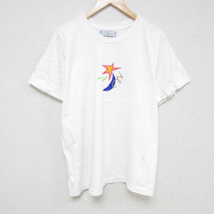 XL★古着 半袖 ビンテージ Tシャツ メンズ 90年代 90s 星 刺繍 大きいサイズ コットン クルーネック USA製 白 ホワイト 25jul07 中古