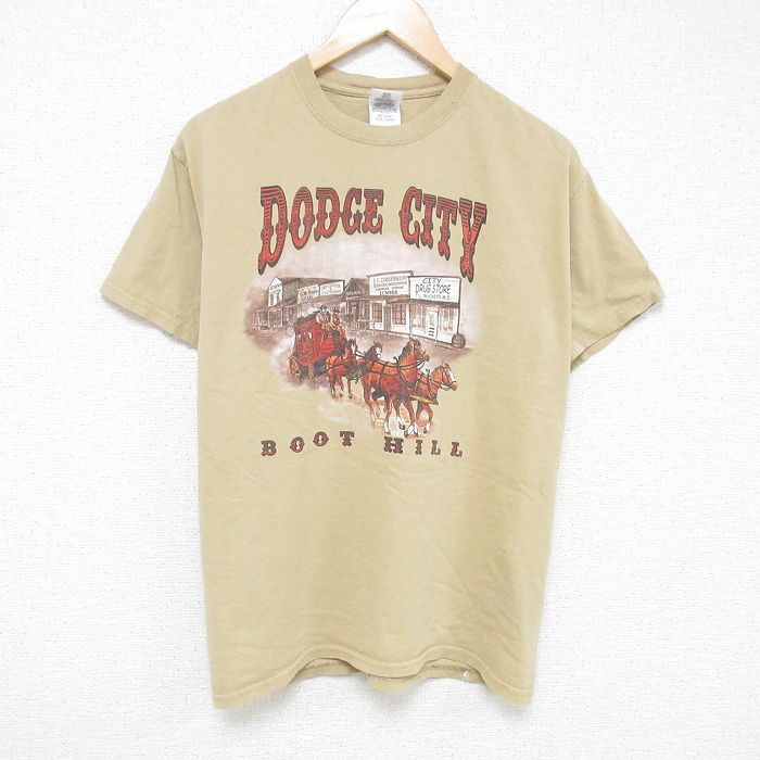 L★古着 半袖 ビンテージ Tシャツ メンズ 00年代 00s 馬車 コットン クルーネック ベージュ カーキ 25jul07 中古
