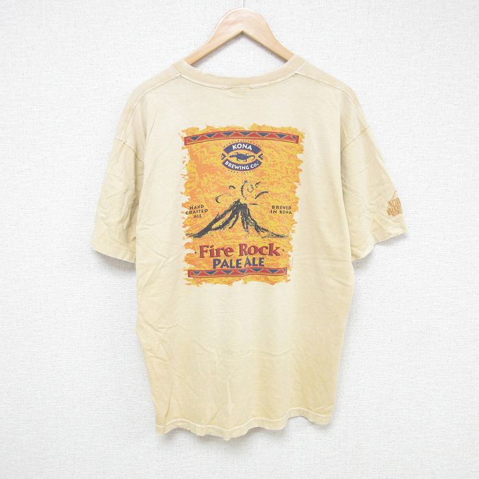 XL★古着 Crazy Shirts 半袖 ビンテージ Tシャツ メンズ 90年代 90s 火山コットン クルーネック USA製 ベージュ カーキ 25jul08 中古